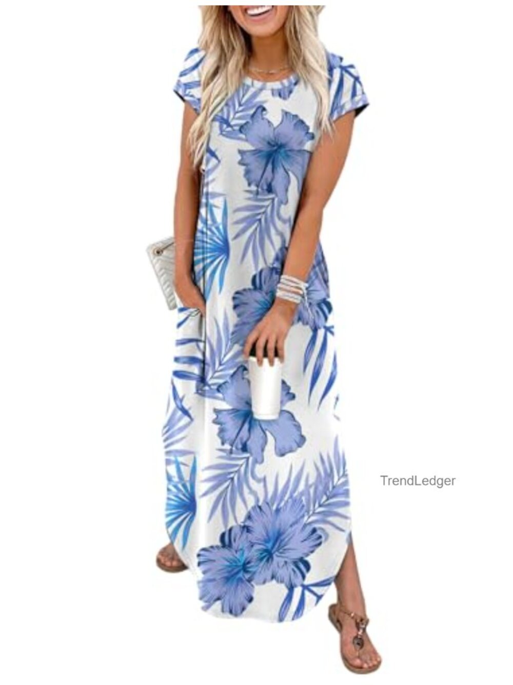 Cap Sleeve Crewneck Maxi Dress with Pockets Soft Casual Beach Sundress
